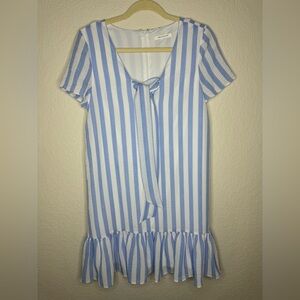 Avec Les Filles Striped Ruffle Hem Shift Dress Size 6 Sky Blue White NWT